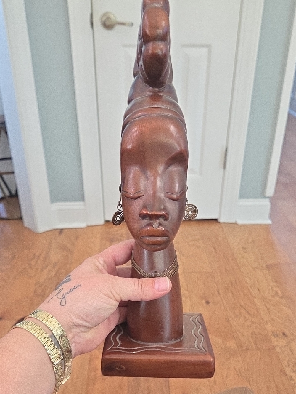 Carved Wooden African Bust Sculpture - Brown